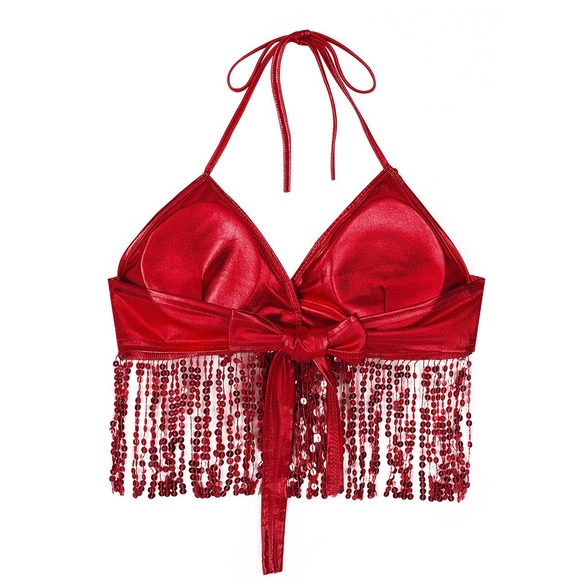 Sequins Tassel Crop Top Belly Dance Top One Size - Picture 3 of 4